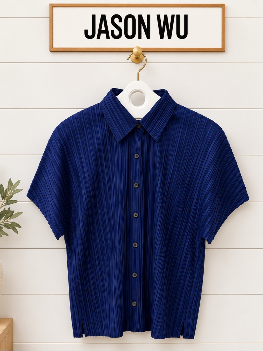 Jason Wu Navy Pleated Button-Up Blouse – Size M